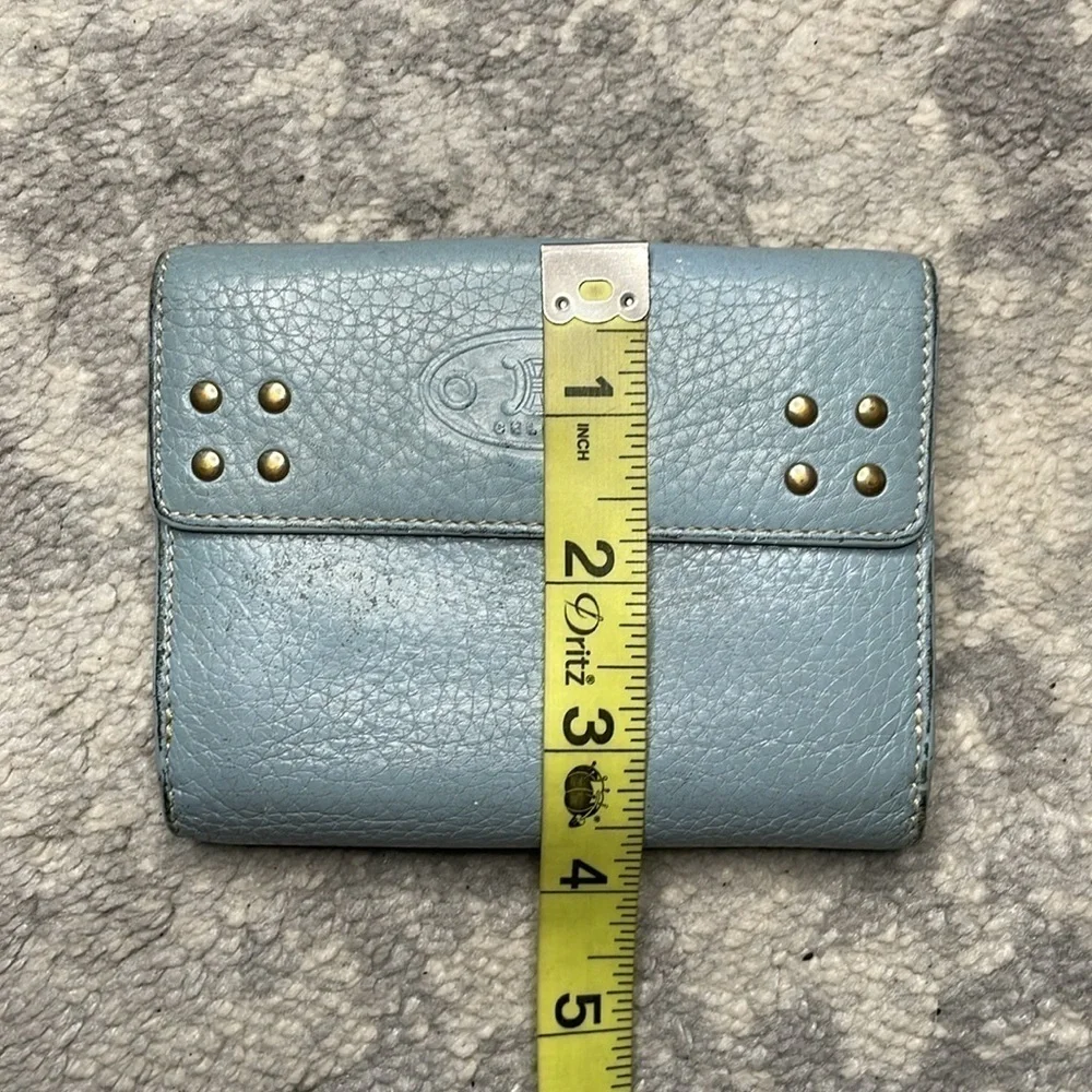 Celine Studded Pebbled Leather Compact Wallet Powder Blue Extra Card Holders